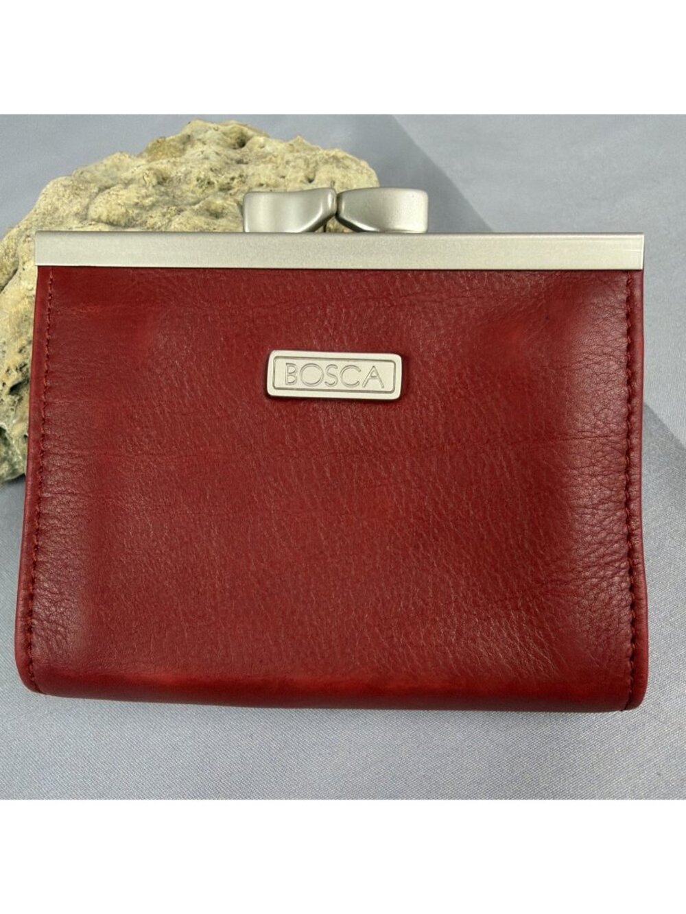 Vintage Red Leather Bosca Logo Coin Purse Kiss Lock Nappa Vitello